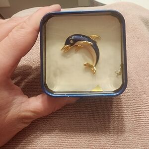 Vintage Dolphin Brooch in Blue and Gold